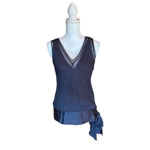 Vintage y2k STUDIO M Black Mesh V Neck Tank Top Draped Bow Tie Waist Size S